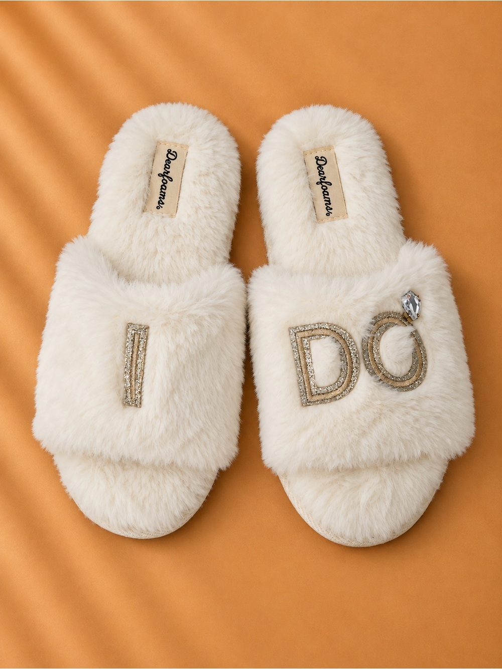 dearfoams Cream Plush Slide Slippers with Gold 'I DO' Embellishment